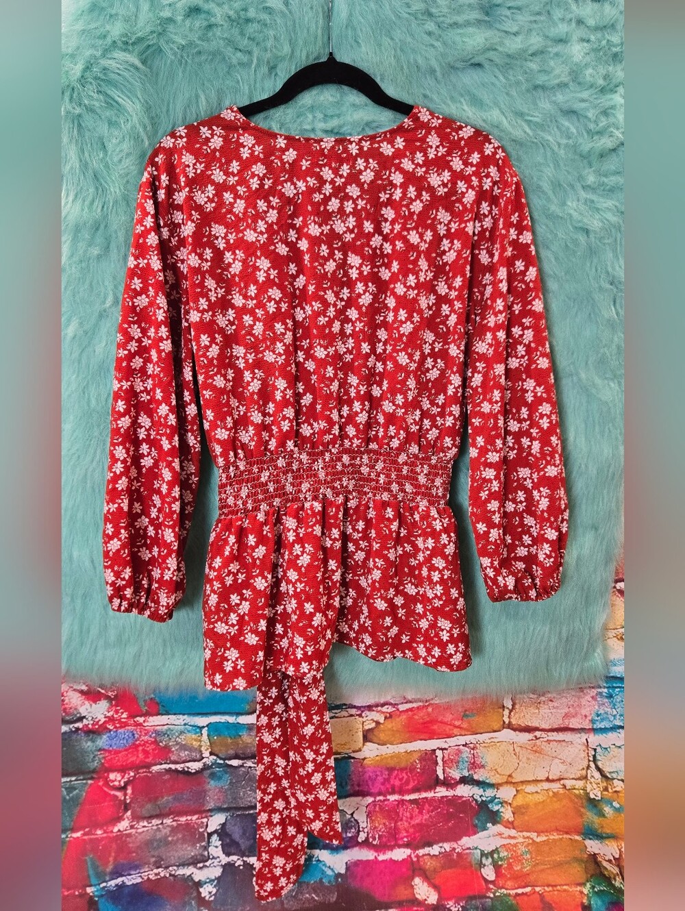Max Studio Burnt Orange Redish Brown And White Floral Belted Waist Top Size Xl - Picture 6 of 7